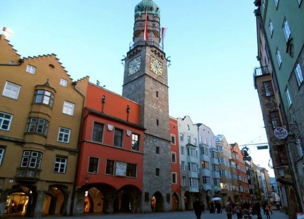 The tower in Innsbruck, Austria gives a romantic feeling to the old town. The tower in Innsbruck, Austria gives a romantic feeling to the old town.