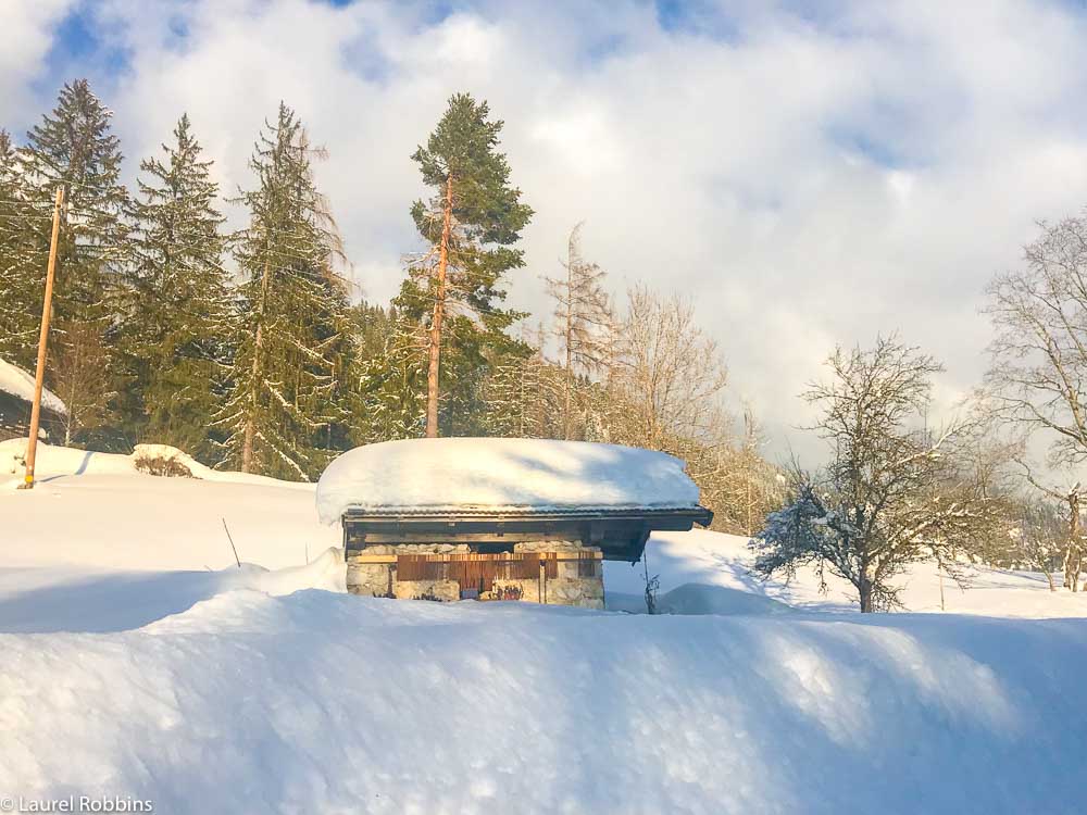 A snow-covered house in Wilder Kaiser, Austria in winter
