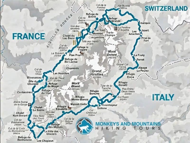 Tour du Mont Blanc route map showing the full circuit through France, Italy and Switzerland, with ibex sighting spots and the two ladder sections marked