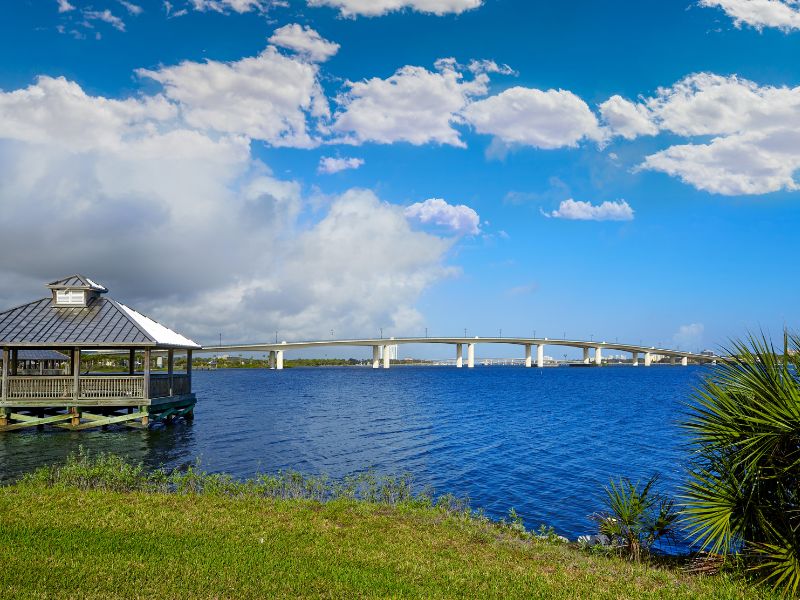 Gazebo on a dock over the Halifax River in Daytona Beach, Florida, the kind of waterfront view many cabins in Florida are built around