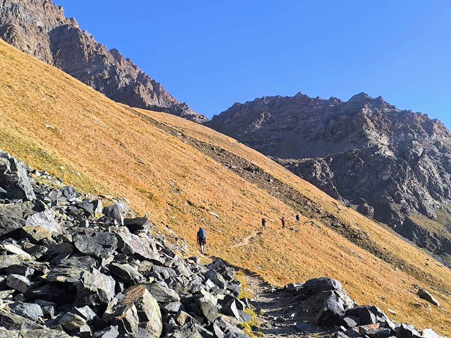 Hikers climbing towards a high pass on the Gran Paradiso hiking tour