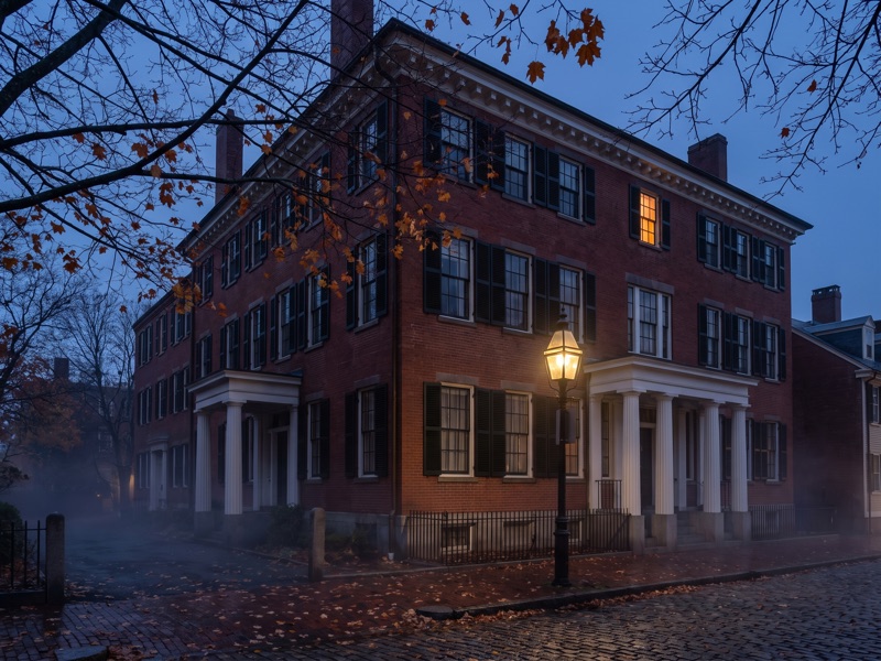 Haunted hotels in Salem MA - a Federal-style brick hotel at dusk in late October