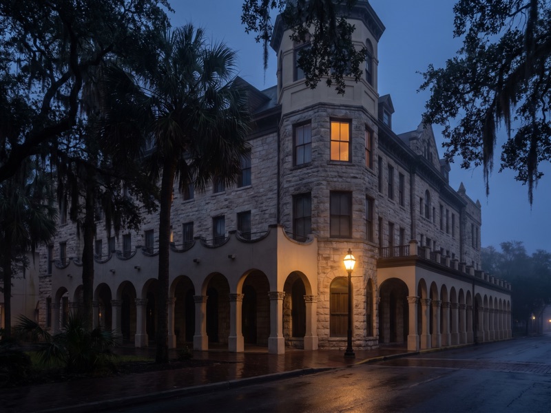 Haunted hotels in San Antonio - a historic limestone hotel near the Alamo lit at dusk