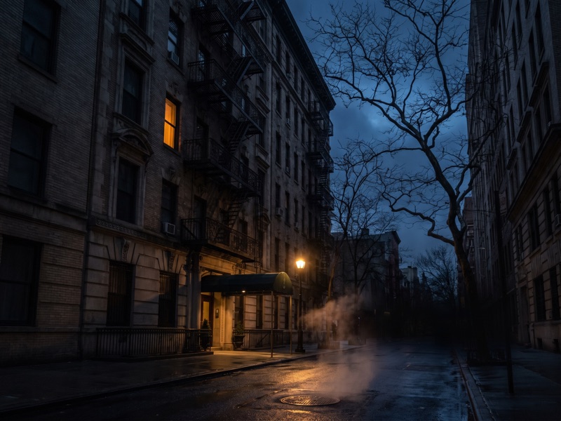 Haunted hotels in New York - a pre-war hotel facade with fire escapes lit at night