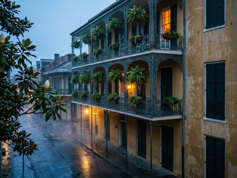 Haunted places to stay in New Orleans - a historic French Quarter hotel with iron balconies lit at dusk