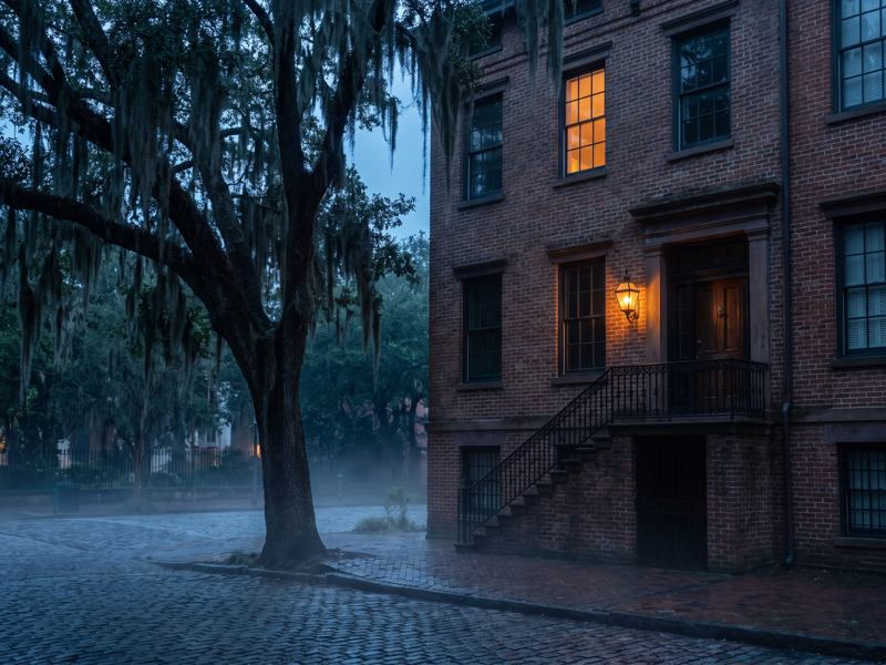 Haunted places to stay in Savannah - a historic inn with iron balconies and Spanish moss at dusk