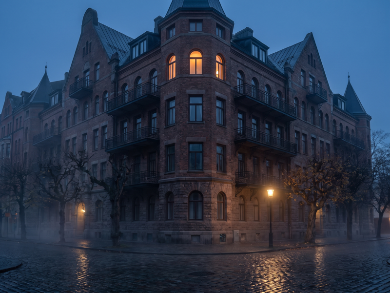One of the most haunted hotels in the USA, a historic hotel lit at dusk with a single glowing window