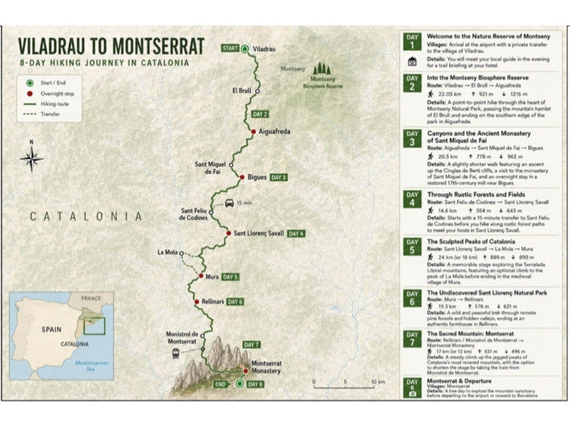 Route map of the 8-day Mountains of Catalonia hiking tour from Viladrau to Montserrat