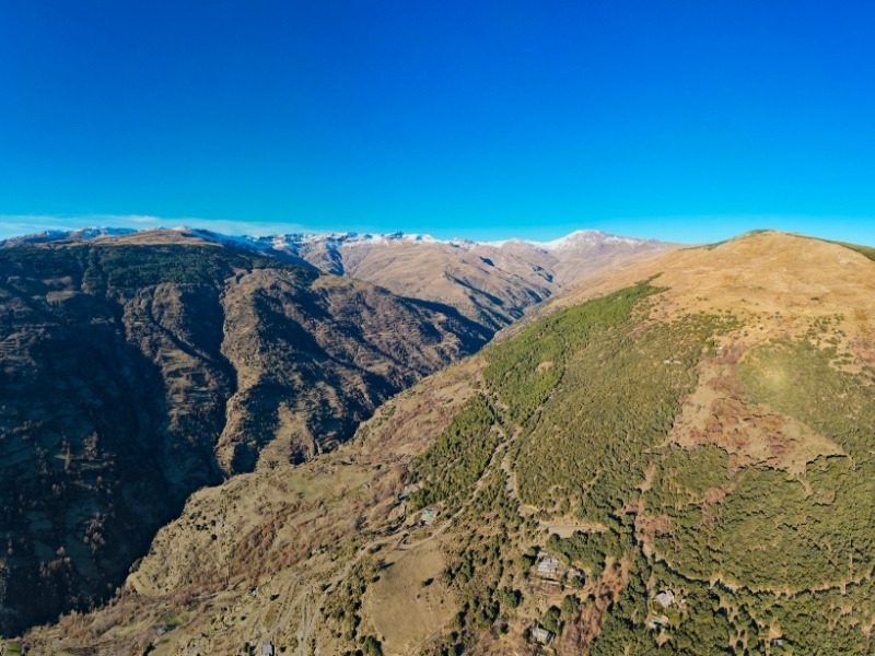 A hiking trail along a green ridge above the deep Poqueira gorge with the snowy Sierra Nevada behind