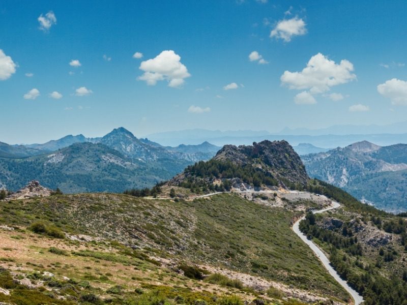 A hiking trail winding along a forested ridge with jagged peaks behind, in the Sierra Nevada, southern Spain