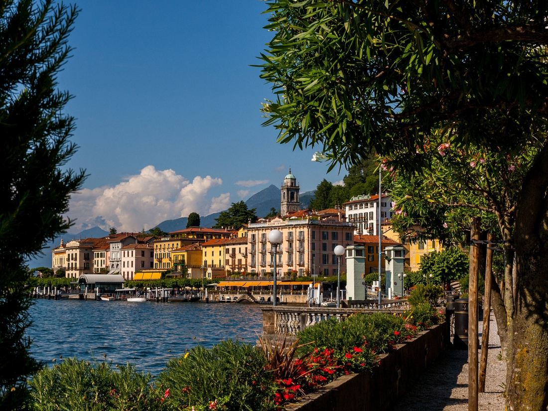 The arcaded lakefront hotels in Bellagio, the classic area to stay in Lake Como, Italy