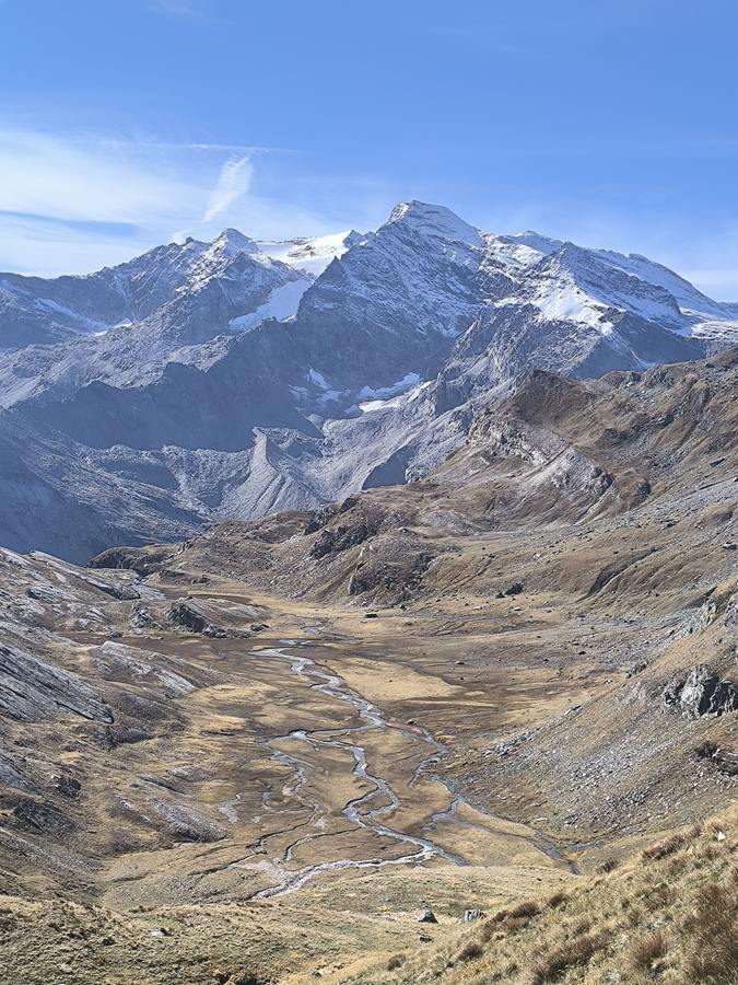 A braided mountain stream winding through the valley floor below the Gran Paradiso massif