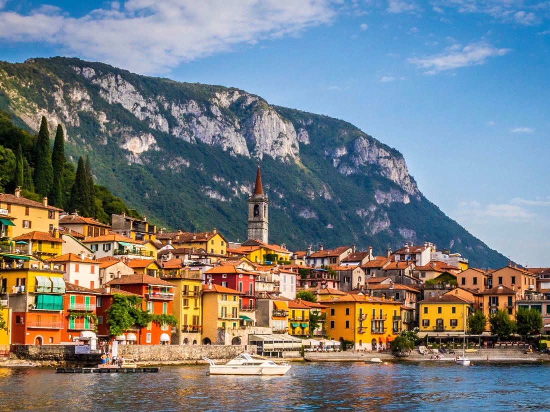 Colorful buildings along the waterfront at Como, the city end of Lake Como and the easiest area to stay if you are arriving by train