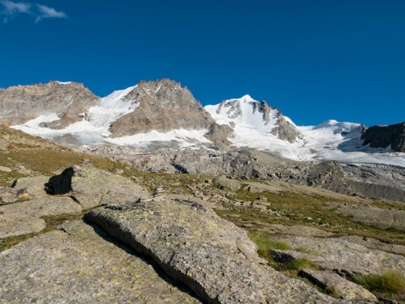 The Gran Paradiso Glacier and the peaks of the massif above a rocky alpine slope in the Italian Alps