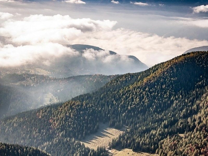 Shafts of light falling across a forested valley below the Julian Alps near the mountain huts in Triglav National Park