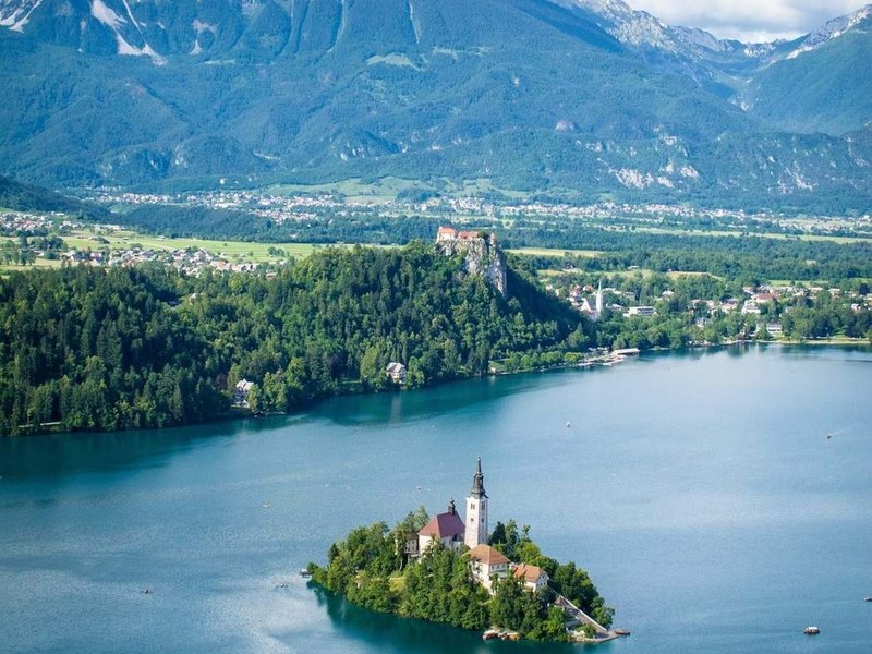 Lake Bled from above on the Best of Juliana Trail and Alpe-Adria Trail self-guided tour in Slovenia