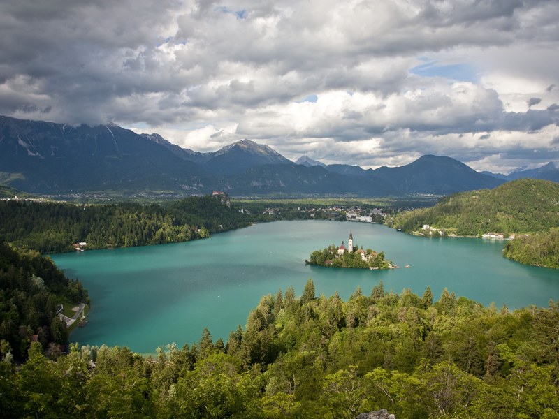 Lake Bled from above with the island church in the middle of the green water and the Julian Alps behind, the day 5 viewpoint hike on our Slovenia tour