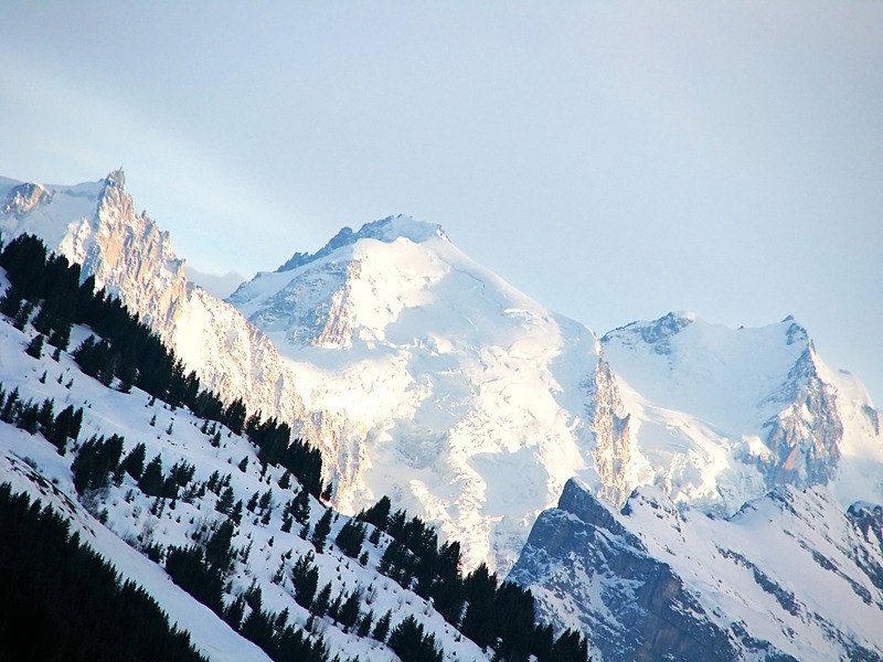 The Aiguille du Midi and the dome of Mont Blanc in winter light above the forested slopes of the Chamonix valley