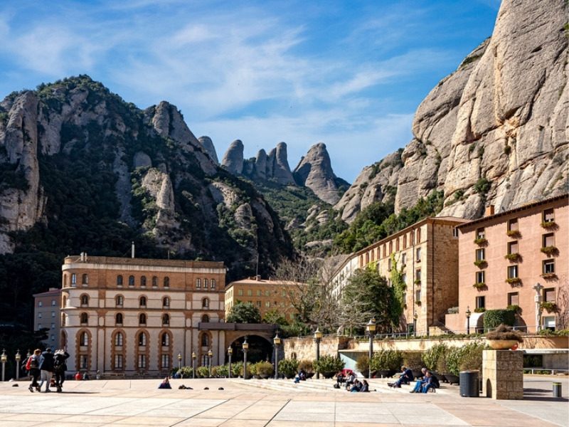 The monastery square at Montserrat, where the one hotel on the mountain sits, after a Montserrat hike