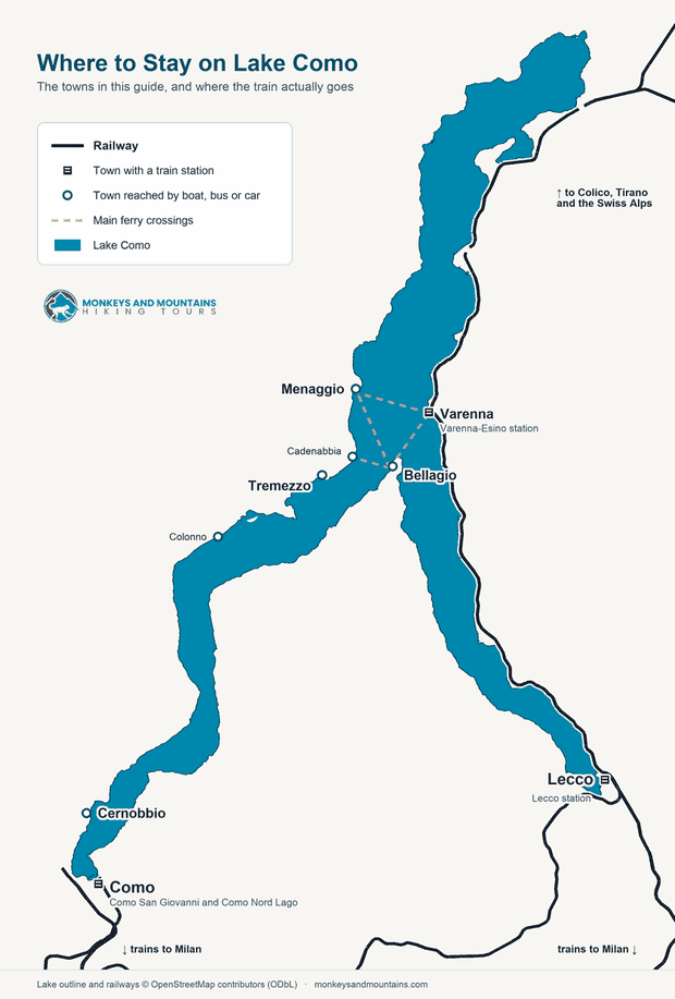 Map of Lake Como showing Bellagio, Varenna, Menaggio, Tremezzo, Como and Lecco, and the railway along the eastern shore